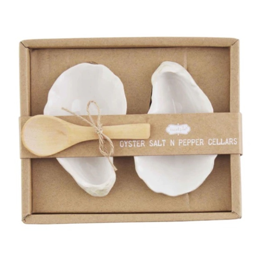 NEW Mud Pie Oyster Salt & Pepper Cellars with Spoon Dish Set Coastal Beach Life